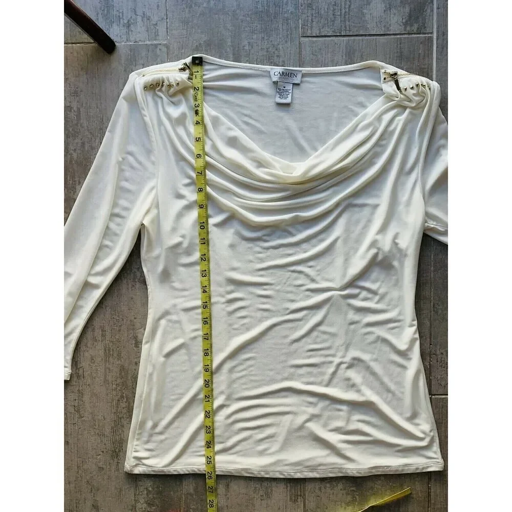 $225 CARMEN MARC VALVO White 3/4 Sleeve Slinky Blouse Tunic Gold Zipper Detail M - Picture 5 of 8